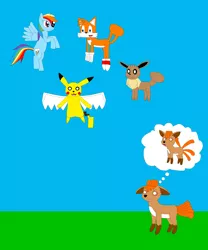 Size: 2348x2820 | Tagged: artist needed, crossover, derpibooru import, eevee, flying, miles "tails" prower, pikachu, pokémon, rainbow dash, safe, sonic the hedgehog (series), vulpix, wings