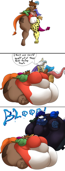 Size: 1285x3400 | Tagged: anthro, artist:mad'n evil, belly, big belly, big breasts, blueberry, blueberry inflation, breasts, derpibooru import, discord, draconequus, eris, erisberry, fat, food, huge belly, huge breasts, huge eris, impossibly large belly, impossibly large breasts, inflation, oc, oc:wonka, questionable, rule 63, simple background, thick, white background