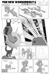 Size: 1600x2344 | Tagged: safe, artist:marmorexx, derpibooru import, blaze, fire streak, fleetfoot, high winds, lord tirek, soarin', spitfire, surprise, pony, comic:the new wonderbolt, comic, magic, monochrome, wonderbolts