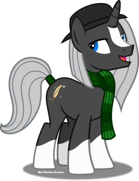 Size: 5216x6792 | Tagged: safe, artist:vector-brony, derpibooru import, oc, oc:night quill, pony, unicorn, absurd resolution, blaze (coat marking), clothes, commission, hat, male, open mouth, scarf, simple background, socks (coat marking), solo, stallion, tail wrap, transparent background