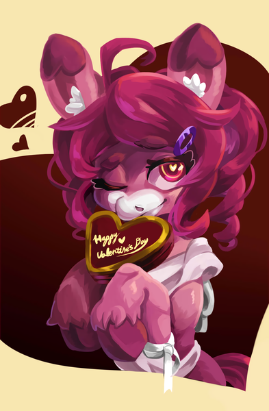 Size: 1126x1717 | Tagged: apron, artist:馬文, box of chocolates, clothes, derpibooru import, female, hairpin, heart, heart eyes, holiday, hooves up, looking at you, mare, mouth hold, one eye closed, safe, smiling, solo, valentine's day, wingding eyes