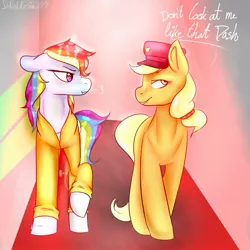 Size: 1024x1024 | Tagged: applejack, artist:lioredrosia, clothes, derpibooru import, dialogue, frustrated, jail, never doubt rainbowdash69's involvement, police hat, prison, prisoner, prisoner rd, prison outfit, rainbow dash, safe, text