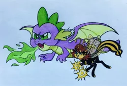 Size: 2575x1752 | Tagged: safe, artist:ameliacostanza, derpibooru import, spike, ponified, breezie, dragon, insect, pony, wasp, avengers, avengers: earth's mightiest heroes, crossover, fire, flying, janet van dyne, marvel, traditional art, winged spike