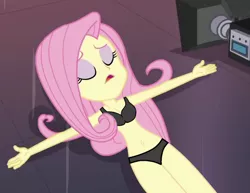 Size: 1212x934 | Tagged: suggestive, derpibooru import, edit, edited screencap, editor:grapefruitface, screencap, fluttershy, equestria girls, equestria girls series, outtakes (episode), belly button, black underwear, bra, breasts, camera, cleavage, clothes, cropped, eyes closed, female, lying, my body is ready, panties, solo, solo female, underwear, underwear edit