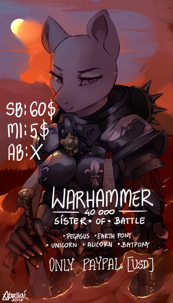 Size: 800x1400 | Tagged: adepta sororitas, advertisement, anthro, armor, artist:varllai, commission, derpibooru import, power armor, power sword, safe, solo, warhammer 40k, warhammer (game), your character here