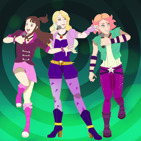 Size: 1024x1024 | Tagged: safe, artist:shadowchibsart, derpibooru import, adagio dazzle, aria blaze, sonata dusk, equestria girls, rainbow rocks, akko kagari, amanda o'neill, anime, boots, clothes, clothes swap, crossover, diana cavendish, female, gem, high heel boots, hypnosis, leggings, little witch academia, microphone, miniskirt, shoes, singing, siren gem, skirt, socks, the dazzlings, trio, trio female