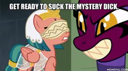 Size: 600x337 | Tagged: suggestive, derpibooru import, edit, edited screencap, screencap, somnambula, sphinx (character), pegasus, pony, sphinx, daring done?, blindfold, caption, female, image macro, implied blowjob, implied oral, implied sex, mare, meme, text