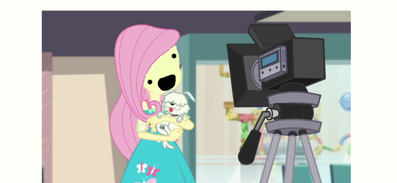 Size: 1006x464 | Tagged: safe, derpibooru import, edit, edited screencap, screencap, fluttershy, dog, equestria girls, equestria girls series, outtakes (episode), 1000 hours in ms paint, :d, camera, derp, downvote bait, masterpiece, nightmare fuel, pup-pup, what has science done