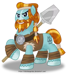 Size: 3716x4114 | Tagged: safe, artist:aleximusprime, derpibooru import, rockhoof, earth pony, pony, campfire tales, 1000, beard, clothes, facial hair, looking at you, male, rockhoof's shovel, shovel, simple background, solo, stallion, transparent background