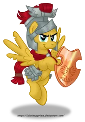 Size: 2759x3991 | Tagged: safe, artist:aleximusprime, derpibooru import, flash magnus, pegasus, pony, campfire tales, >:), clothes, helmet, looking at you, male, netitus, shield, simple background, smiling, smirk, solo, stallion, transparent background