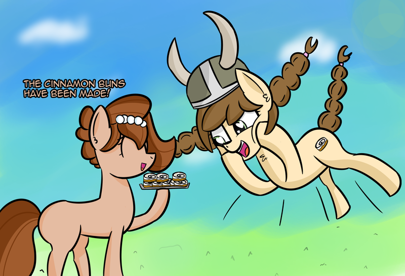 Size: 1893x1293 | Tagged: safe, artist:artiks, derpibooru import, oc, oc:brownie bun, oc:tvælåt, unofficial characters only, earth pony, pony, braid, cinnamon bun, duo, duo female, female, food, helmet, horned helmet, viking helmet