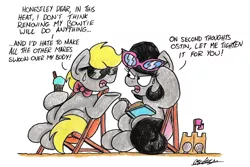 Size: 2258x1506 | Tagged: safe, artist:bobthedalek, derpibooru import, oc, oc:mixed melody, oc:octavia's father, oc:octavia's mother, oc:ostinato melody, earth pony, pony, beach, book, deck chair, food, ice cream, sand castle, sunglasses, this will end in pain, traditional art