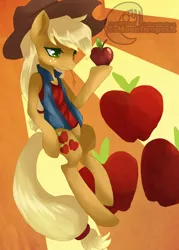 Size: 1024x1428 | Tagged: apple, applejack, applejack's hat, artist:xxmoondropsxx, clothes, cowboy hat, cutie mark, cutie mark background, derpibooru import, female, food, freckles, hat, lidded eyes, mare, obligatory apple, safe, semi-anthro, sleeveless, solo, straw in mouth