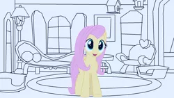 Size: 1672x943 | Tagged: safe, artist:tiarawhy, derpibooru import, fluttershy, pegasus, pony, downloadable, female, fluttershy's cottage, mare, open mouth, pony waifu sim, sketch, smiling, solo, style emulation, wip