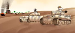 Size: 4500x2000 | Tagged: safe, artist:noctaliansfw, derpibooru import, oc, oc:clay duster, oc:lokibagel, unofficial characters only, pegasus, pony, unicorn, combat, commission, desert, panzer iv, tank (vehicle), tiger i