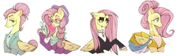 Size: 1024x326 | Tagged: safe, artist:draw-draw-goose, derpibooru import, fluttershy, pegasus, pony, fake it 'til you make it, alternate hairstyle, bubblegum, female, fluttergoth, food, gum, hat, hipstershy, mare, mobile phone, phone, severeshy, simple background, transparent background, warrior of inner strength, warriorshy