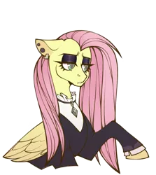 Size: 2523x2823 | Tagged: safe, artist:draw-draw-goose, derpibooru import, fluttershy, pony, fake it 'til you make it, clothes, ear piercing, earring, eyeshadow, female, fluttergoth, jewelry, makeup, mare, necklace, piercing, simple background, solo, transparent background