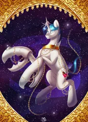 Size: 1000x1387 | Tagged: safe, artist:xaneas, derpibooru import, oc, oc:lightning bustle, unofficial characters only, pony, unicorn, cancer (horoscope), chains, gold, male, solo, space, zodiac