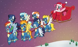 Size: 3000x1800 | Tagged: safe, artist:oemilythepenguino, derpibooru import, fire streak, high winds, misty fly, pinkie pie, rainbow dash, soarin', spitfire, surprise, earth pony, pegasus, pony, bell, christmas, colored pupils, cute, eyes closed, fake beard, female, flying, goggles, grin, happy, hat, holiday, hoof hold, male, mare, open mouth, reins, santa hat, sleigh, smiling, snow, spread wings, stallion, wings, wonderbolts