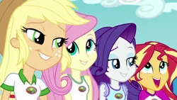 Size: 1280x720 | Tagged: safe, derpibooru import, screencap, applejack, fluttershy, rarity, sunset shimmer, equestria girls, legend of everfree, applejack's hat, camp everfree logo, camp everfree outfits, cowboy hat, cute, freckles, group photo, hat, jackabetes, raribetes, shimmerbetes, shyabetes, smiling, stetson