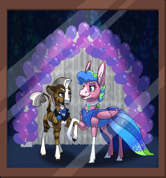 Size: 2500x2679 | Tagged: safe, artist:jackiebloom, derpibooru import, oc, oc:disco inferno, oc:kinyume, unofficial characters only, hybrid, mule, zony, blaze (coat marking), clothes, crossdressing, dress, duo, female, high res, interspecies offspring, magical lesbian spawn, male, mare, offspring, parent:daring do, parent:pinkie pie, parent:zecora, parents:daringcora, pegamule, socks (coat marking), stallion