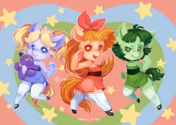 Size: 800x570 | Tagged: safe, artist:b-tobio, derpibooru import, ponified, anthro, earth pony, pony, unguligrade anthro, blossom (powerpuff girls), bubbles (powerpuff girls), buttercup (powerpuff girls), crossover, female, the powerpuff girls, trio