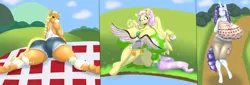 Size: 7096x2400 | Tagged: suggestive, artist:blues64, artist:marauder6272, derpibooru import, applejack, fluttershy, rarity, anthro, bat pony, bird, duck, unguligrade anthro, g5, spoiler:g5, applebutt, applejack (g5), between breasts, big breasts, booty shorts, breasts, busty applejack, busty fluttershy, busty rarity, butt, commission, flutterbat, grass, grass field, huge breasts, impossibly large breasts, looking at you, looking back, looking back at you, midriff, picnic blanket, pond, race swap, short jeans, spreading, spread legs