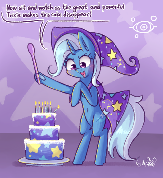 Size: 1536x1680 | Tagged: safe, artist:dsp2003, derpibooru import, trixie, pony, unicorn, 30 minute art challenge, abstract background, cake, comic, cute, diatrixes, eyes on the prize, female, food, loss (meme), mare, open mouth, single panel, spoon, stars, this will end in diabetes, this will end in weight gain