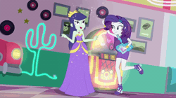 Size: 720x404 | Tagged: safe, derpibooru import, screencap, blueberry cake, rarity, equestria girls, equestria girls series, pinkie pie: snack psychic, and then there's rarity, animated, background human, clothes, dress, gif, sparkles, turnaround, turning