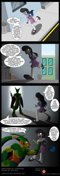 Size: 800x2326 | Tagged: safe, artist:niban-destikim, derpibooru import, octavia melody, comic:cell the hunter, equestria girls, alley, cell (dbz), cell just wouldn't stop messing with octavia, clothes, comic, crossover, dragon ball z, imperfect cell