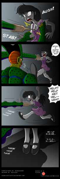 Size: 800x2358 | Tagged: grimdark, artist:niban-destikim, derpibooru import, octavia melody, comic:cell the hunter, equestria girls, alley, cell (dbz), cell just wouldn't stop messing with octavia, clothes, comic, crossover, dragon ball z, imperfect cell