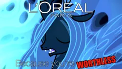 Size: 1824x1026 | Tagged: artist:dwk, changeling, changeling queen, derpibooru import, edit, edited screencap, female, l'oréal, parody, queen chrysalis, safe, screencap, the mean 6, totally legit recap, youtube link