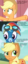 Size: 840x1890 | Tagged: applejack, applejack's hat, barn, clothes, cloud, cowboy hat, cropped, derpibooru import, edit, edited screencap, goggles, hat, implied apple bloom, implied babs, implied cmc, implied gabby, implied scootaloo, implied sweetie belle, newbie dash, pinkie pride, rainbow dash, safe, screencap, simple ways, story of the blanks, this will end in tears and/or death and/or covered in tree sap, uniform, wonderbolts uniform, worried