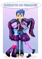 Size: 752x1063 | Tagged: safe, artist:jucamovi1992, derpibooru import, flash sentry, sci-twi, twilight sparkle, equestria girls, equestria girls series, bisexual, clothes, converse, dexter's laboratory, female, flashlight, french, lesbian, lightflashlight, male, omelette du fromage, polyamory, sciflash, shipping, shoes, sneakers, straight, twolight