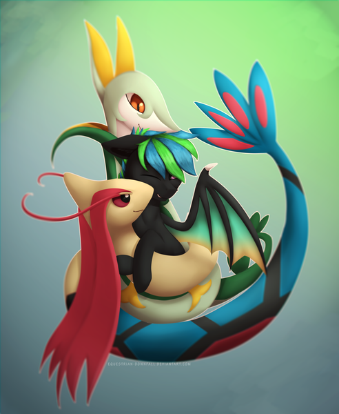 Size: 1024x1250 | Tagged: safe, artist:equestrian-downfall, derpibooru import, oc, unofficial characters only, bat pony, milotic, pony, serperior, bat pony oc, bat wings, crossover, digital art, gift art, hug, male, pokémon, stallion, trio, wings