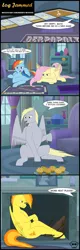 Size: 1700x5325 | Tagged: safe, artist:mighty-muffins, derpibooru import, derpy hooves, fluttershy, rainbow dash, spitfire, pegasus, pony, comic:toxic-mario's derpfire shipwreck, anatomically incorrect, board game, comic, couch, dialogue, female, fireplace, food, incorrect leg anatomy, joke, log, mantle, monopoly, muffin, spitfire's hair is fire, table