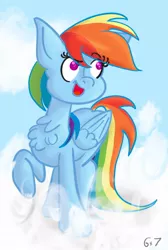 Size: 642x956 | Tagged: safe, artist:sixes&sevens, derpibooru import, rainbow dash, pegasus, pony, chest fluff, cloud, female, hooves, mare, on a cloud, open mouth, raised hoof, solo, standing on cloud, wings