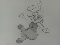 Size: 3264x2448 | Tagged: suggestive, artist:chromchill12, derpibooru import, oc, oc:mulberry tart, unofficial characters only, pony, unicorn, bedroom eyes, blushing, bunny ears, bunny suit, clothes, cufflinks, cuffs (clothes), female, high res, monochrome, pencil drawing, simple background, solo, solo female, traditional art, underhoof