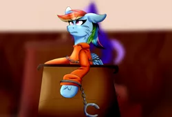 Size: 4529x3081 | Tagged: angry, artist:yathepon7, bound wings, chains, clothes, courtroom, cuffs, derpibooru import, frustrated, never doubt rainbowdash69's involvement, prisoner, prisoner rd, prison outfit, rainbow dash, safe, shackles, solo, wings