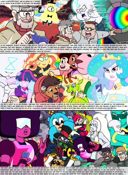 Size: 1550x2115 | Tagged: safe, artist:yogurthfrost, derpibooru import, princess celestia, sunset shimmer, twilight sparkle, human, equestria girls, bill cipher, black hat (villainous), connie maheswaran, crossover, demencia, garnet (steven universe), humanized, malachite (steven universe), opal (steven universe), species swap, stanford pines, steven universe, time baby, villainous