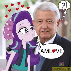 Size: 1113x1115 | Tagged: safe, artist:conikiblasu-fan, derpibooru import, starlight glimmer, human, equestria girls, amlo, andres manuel lopez obrador, andrés manuel lópez obrador, beanie, blushing, crack shipping, exclamation point, female, hat, heart, imminent kissing, implied communism, implied socialism, interrobang, irl, irl human, kissing, male, mexico, photo, politics, question mark, shipping, stalin glimmer, straight