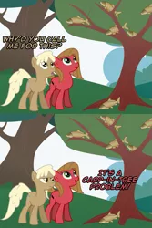 Size: 1067x1600 | Tagged: safe, artist:sintakhra, derpibooru import, mjölna, oc, oc:pun, carp, earth pony, fish, pony, ask pun, ask, female, mare, pun, tree