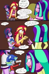 Size: 1000x1500 | Tagged: safe, artist:jake heritagu, artist:little-tweenframes, derpibooru import, aria blaze, sci-twi, sunset shimmer, twilight sparkle, oc, oc:sparkling sapphire, comic:aria's archives, comic:of babes and heartbreaks, series:sciset diary, equestria girls, rainbow rocks, angry, baby, clothes, comic, eyes closed, female, glasses, lesbian, magical lesbian spawn, offspring, open mouth, parent:sci-twi, parent:sunset shimmer, parents:scitwishimmer, scitwishimmer, shipping, sunsetsparkle