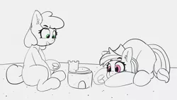 Size: 1280x725 | Tagged: safe, artist:pabbley, derpibooru import, oc, oc:tater trot, oc:wafflecakes, earth pony, pony, 30 minute art challenge, beach, female, frog (hoof), hoofbutt, lineart, mare, partial color, sand castle, underhoof