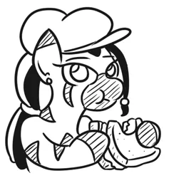 Size: 415x438 | Tagged: artist:jargon scott, bust, derpibooru import, ear piercing, eating, female, food, grayscale, hat, hoof hold, jewelry, krystal can't enjoy her sandwich, mare, monochrome, oc, oc:carjack, piercing, safe, sandwich, simple background, solo, unofficial characters only, white background, zebra, zebra oc