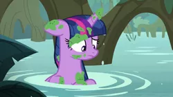 Size: 1280x720 | Tagged: algae, alicorn, derpibooru import, everfree forest, floppy ears, moss, sad, safe, screencap, swamp, the mean 6, twilight sparkle, twilight sparkle (alicorn), water, wet, wet mane