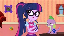 Size: 640x360 | Tagged: safe, derpibooru import, sci-twi, spike, spike the regular dog, twilight sparkle, dog, equestria girls, ball, barney the dinosaur, bedroom eyes, blue's clues, collar, crossover, dog collar, glasses, luxo ball, paw print, paw prints