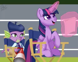 Size: 2362x1890 | Tagged: alicorn, artist:shadowreindeer, chair, derpibooru import, director's chair, glowing horn, happy, hat, horn, horse play, levitation, magic, safe, scene interpretation, script, spike, telekinesis, theater, twilight sparkle, twilight sparkle (alicorn)