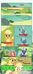 Size: 1919x4225 | Tagged: safe, artist:estories, derpibooru import, applejack, oc, oc:curly mane, oc:silverlay, earth pony, pony, unicorn, comic:a(pple)ffection, comic, female, gem, lake, magic, mare