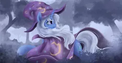 Size: 3092x1600 | Tagged: safe, artist:fluttersheeeee, derpibooru import, trixie, pony, unicorn, cape, clothes, female, forest, hat, looking back, mare, mist, solo, trixie's cape, trixie's hat